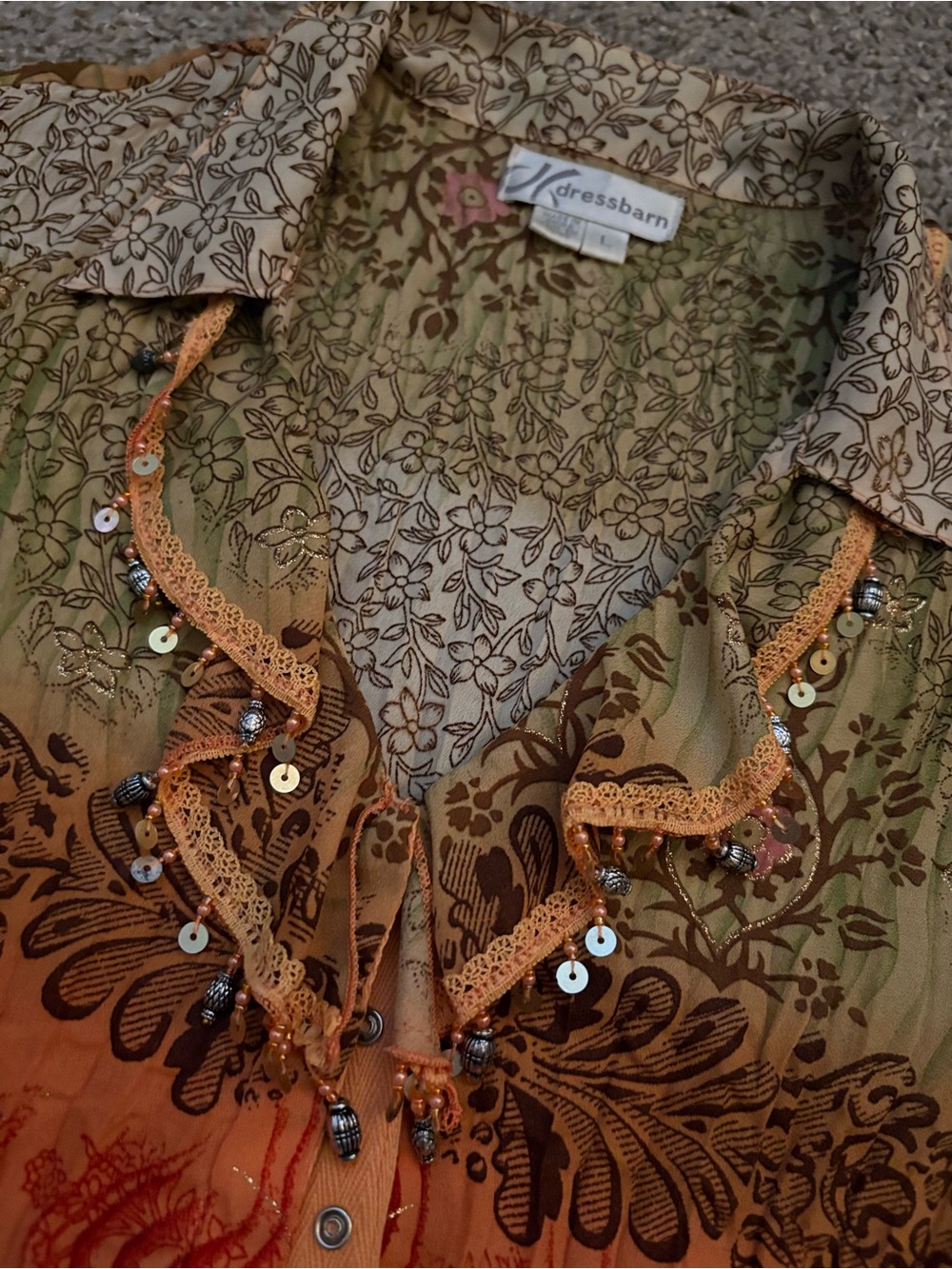 Boho Floral Button-Up Blouse in Rust and Olive by Dressbarn Size Large Women’s